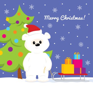 Beyaz oyuncak ayı ile kızak ile sunar