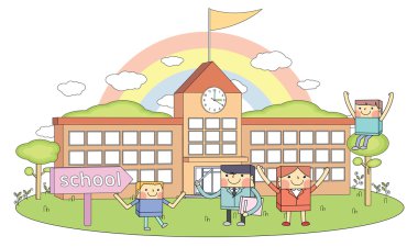 Okullar ve öğretmenler ve genç öğrenciler karakter çizimi hat