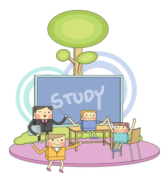 Tantermi & gyermekek tanulók sor karakter illusztráció — Stock Vector