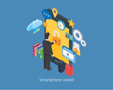 Smartphone kavramı tasarım 3d izometrik dünya ve işadamı