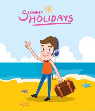 Yaz tatili vektör çizim, düz tasarım plaj ve müzik konsepti için dinleme