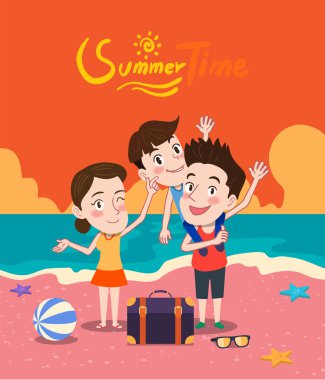 Yaz tatili vektör çizim, düz tasarım plaj ve seyahat kavramı