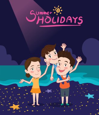 Yaz tatili vektör çizim, düz tasarım seyahat ve gece plaj kavramı