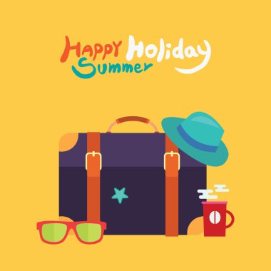 Yaz tatili illüstrasyon, düz tasarım çanta ve nesne kavramı seyahat vektör