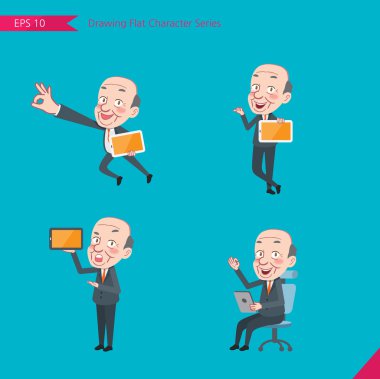 Set of drawing flat character style, business concept ceo activities - tablet device, flying, explain, counsel clipart