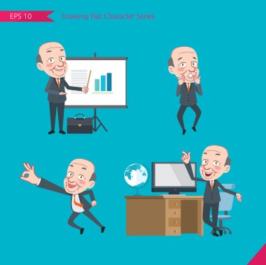 Set of drawing flat character style, business concept ceo activities - presentation, Surprised, ok sign, troubleshooter, boss clipart