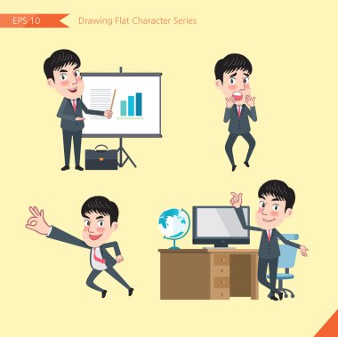Set of drawing flat character style, business concept young office worker activities - presentation, Surprised, ok sign, troubleshooter