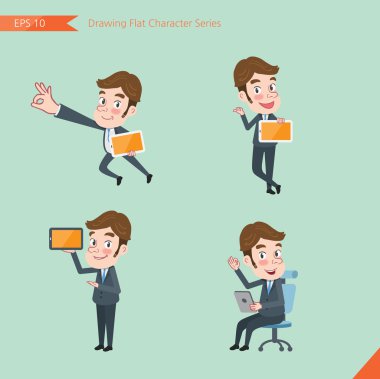 Set of drawing flat character style, business concept young office worker activities - tablet device, flying, explain, counsel clipart