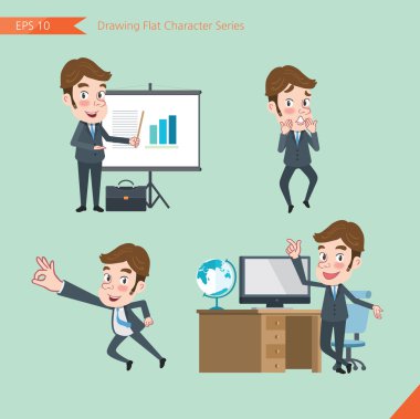 Set of drawing flat character style, business concept young office worker activities - presentation, Surprised, ok sign, troubleshooter clipart