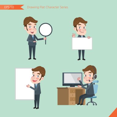 Set of drawing flat character style, business concept young office worker activities - banner, whiteboard, computing, telemarketing, introduction