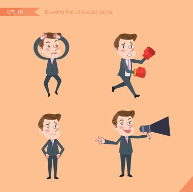 Set of drawing flat character style, business concept young office worker activities - Disappointment, notice, boxing, confidence, Competition