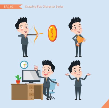 Set of drawing flat character style, business concept handsome office worker activities - victory, hit, no problem, management, start