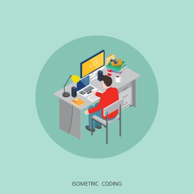 Flat 3d isometric vector illustration freelancer coding concept design, Abstract urban modern style, high quality business series.