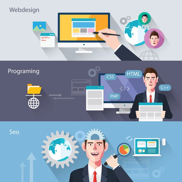 扁平人物的 web 开发概念插图 — 图库矢量图片