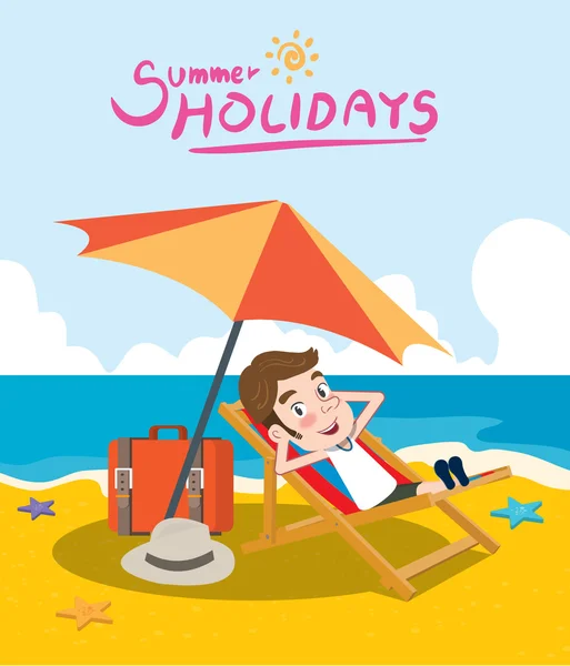 Vacaciones de verano vector ilustración, diseño plano playa y solarium concepto — Vector de stock