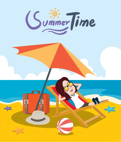 Vacaciones de verano vector ilustración, diseño plano playa y concepto de niña — Vector de stock