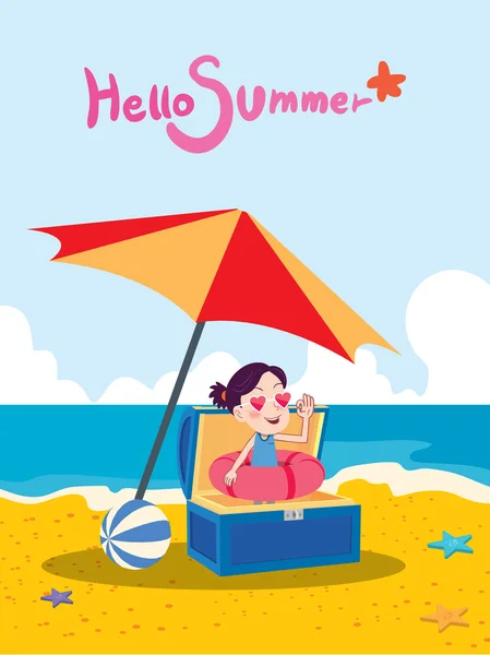 Vacaciones de verano vector ilustración, diseño plano playa y caja del tesoro concepto — Vector de stock