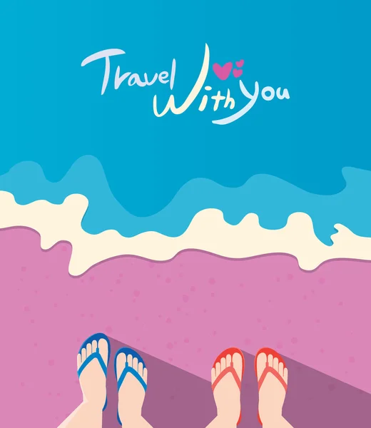 Summer holidays vector illustration,flat design beach and couple travel concept — Διανυσματικό Αρχείο