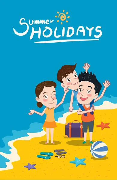 Summer holidays vector illustration,flat design family and beach concept — 스톡 벡터