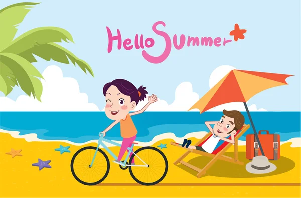 Літні канікули Векторні ілюстрації, плоский дизайн пляжу та концепція їзди на велосипеді — стоковий вектор