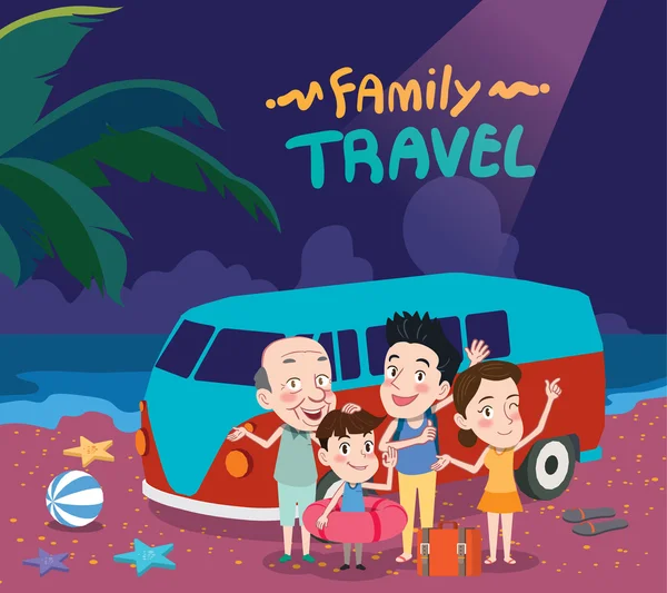 Vacaciones de verano vector ilustración, diseño plano viajes familiares y concepto de playa de noche — Vector de stock