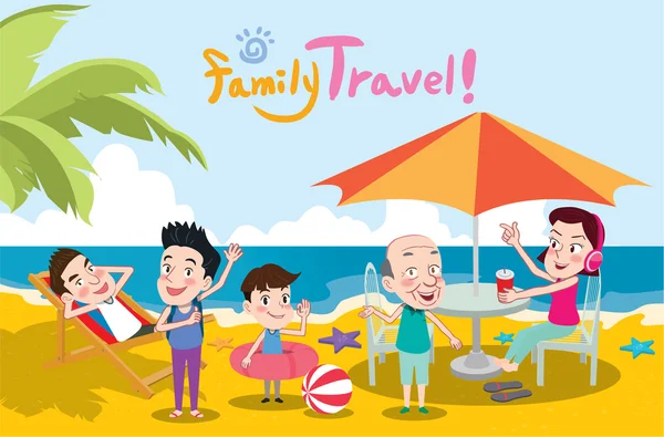 Vacances d'été illustration vectorielle, design plat Voyage en famille et concept de plage — Image vectorielle