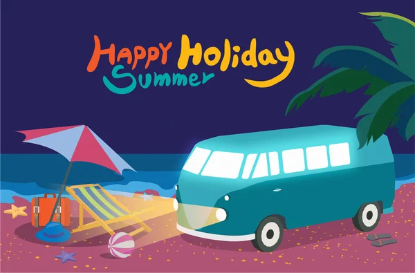 Summer holidays vector illustration,flat design travel and night beach concept — Wektor stockowy