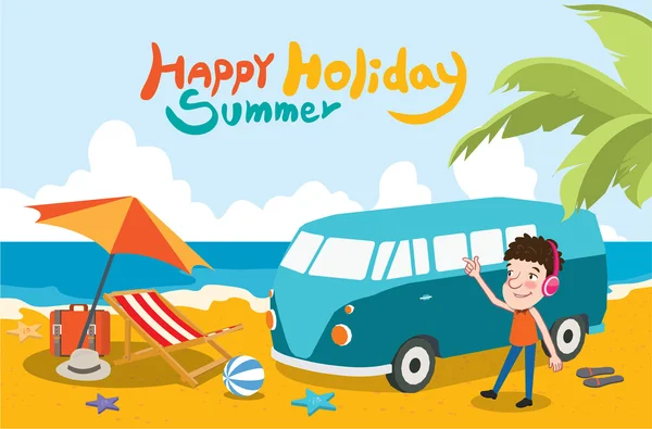 Illustration vectorielle vacances d'été, design plat à l'écoute de la musique et concept de plage — Image vectorielle