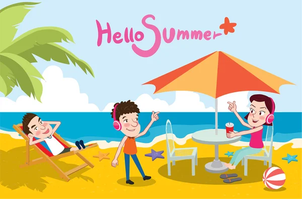 Illustrazione vettoriale delle vacanze estive, spiaggia di design piatto e ascolto del concetto di musica — Vettoriale Stock