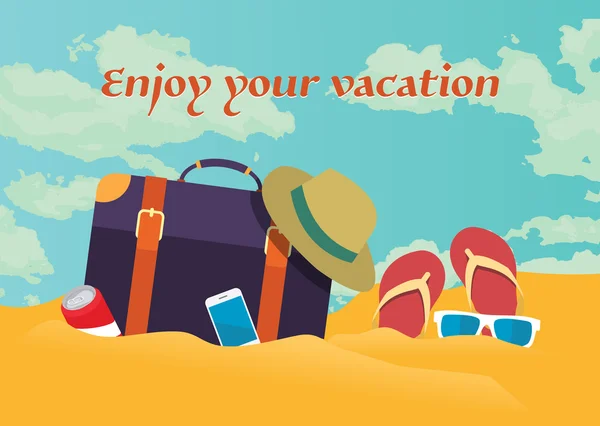 Summer holidays vector illustration,flat retro design beach on the traveling bag and objects, concept