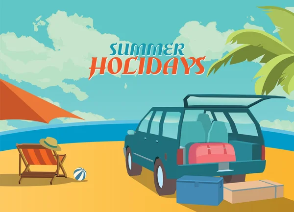 Vacaciones de verano vector ilustración, plano retro diseño playa y SUV, concepto — Vector de stock