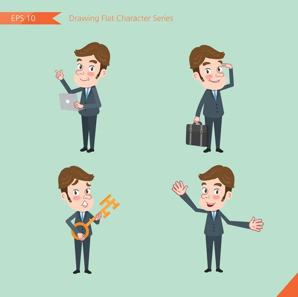 Set of drawing flat character style, business concept young office worker activities - introducing, greeting, masterkey, global business — Stockový vektor
