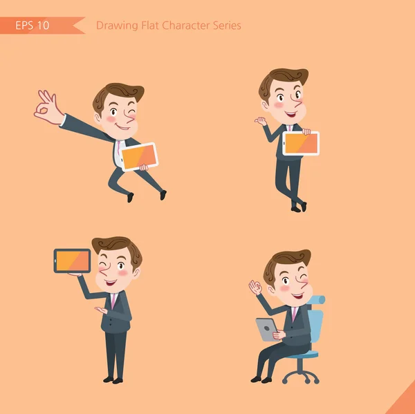 Jeu de dessin style de caractère plat, concept d'entreprise activités des jeunes employés de bureau dispositif tablette, vol, expliquer, conseiller — Image vectorielle