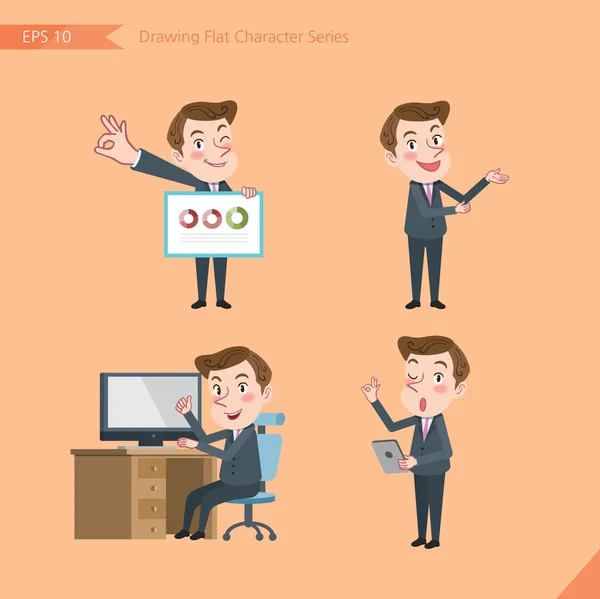 Set of drawing flat character style, business concept young office worker activities - presentation, ok sign, troubleshooter — Stockvector