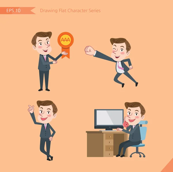 Set of drawing flat character style, business concept young office worker activities - victory award, flying, good, calling — Stock Vector