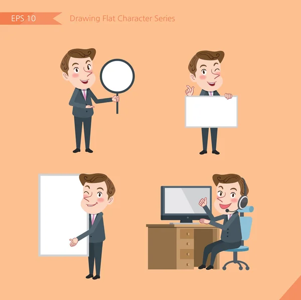 Set of drawing flat character style, business concept young office worker activities - banner, whiteboard, computing, telemarketing, introduction — Διανυσματικό Αρχείο