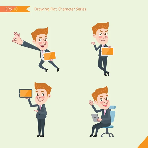 Set of drawing flat character style, business concept young office worker activities - tablet device, flying, explain, counsel — Stock Vector