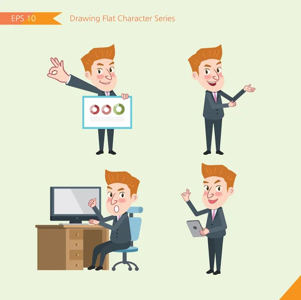 Set of drawing flat character style, business concept yong office worker activities - presentation, chart, introducing, counsel — Stock Vector