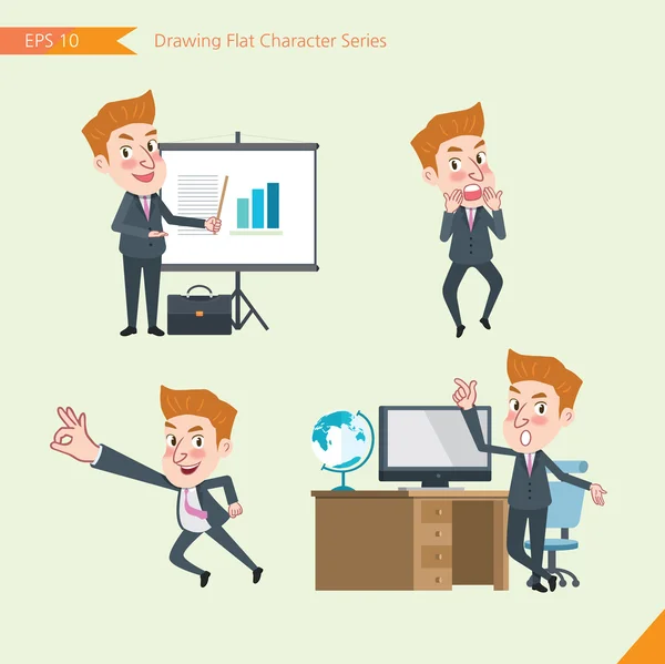 Set of drawing flat character style, business concept young office worker activities - presentation, Surprised, ok sign, troubleshooter — Stok Vektör