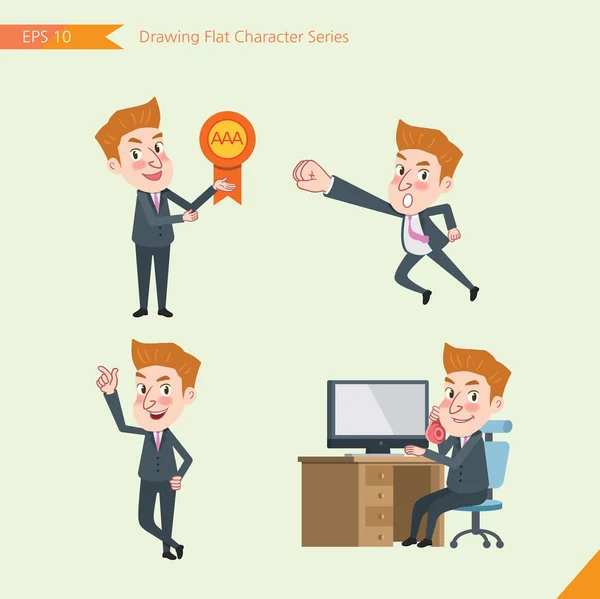 Set of drawing flat character style, business concept young office worker activities - victory award, flying, good, calling — ストックベクタ