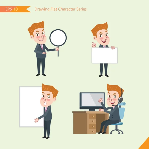 Set of drawing flat character style, business concept young office worker activities - banner, whiteboard, computing, telemarketing, introduction — Stock Vector