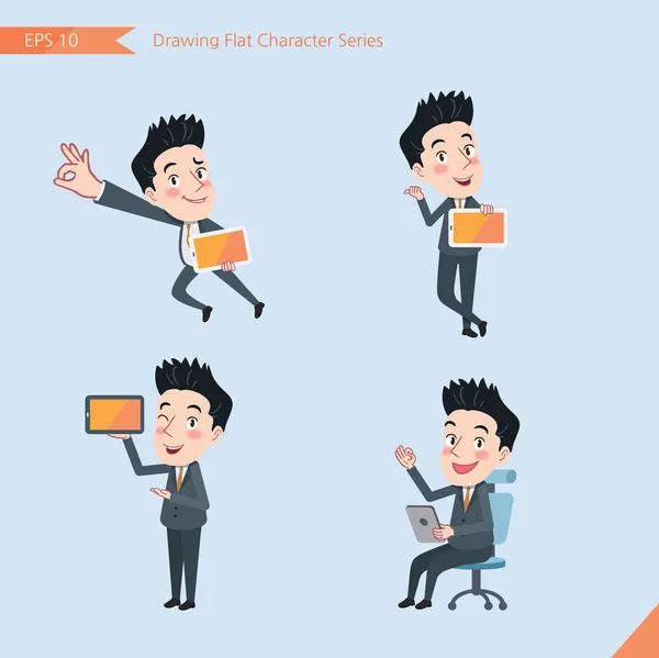 Set of drawing flat character style, business concept handsome office worker activities - tablet device, flying, explain, counsel — Stockvector