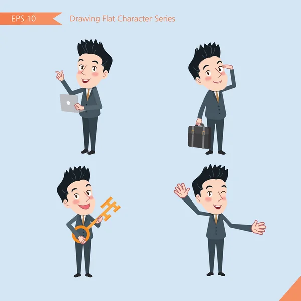 Set of drawing flat character style, business concept handsome office worker activities - introducing, greeting, master key, global business