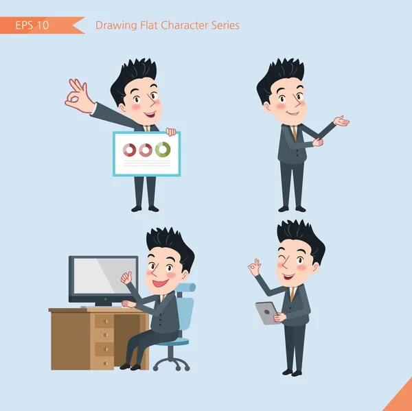 Set of drawing flat character style, business concept handsome office worker activities - presentation, ok sign, troubleshooter — 스톡 벡터