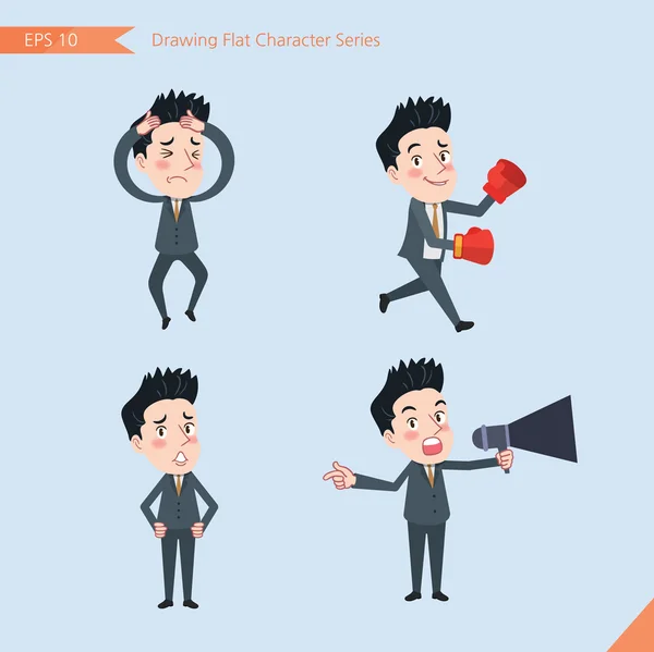 Conjunto de dibujo de carácter plano estilo, concepto de negocio guapo de trabajo de oficina actividades - Decepción, aviso, boxeo, confianza, Competencia — Vector de stock