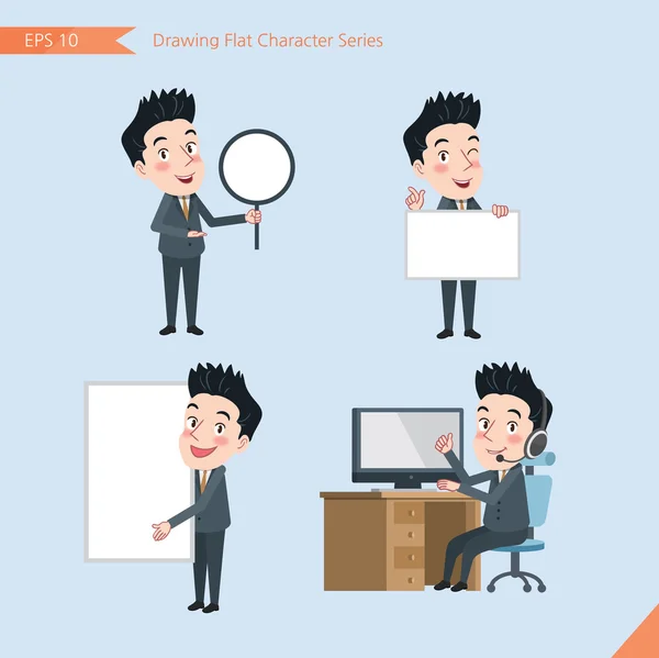 Set of drawing flat character style, business concept handsome office worker activities - banner, whiteboard, computing, telemarketing, introduction — Διανυσματικό Αρχείο