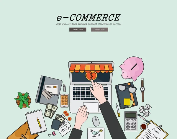 Drawing flat design illustration e-commerce concept. Concepts for web banners and promotional materials