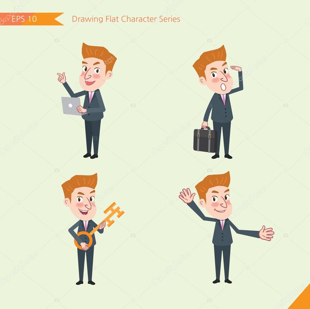 Set of drawing flat character style, business concept young office worker activities - introducing, greeting, masterkey, global business