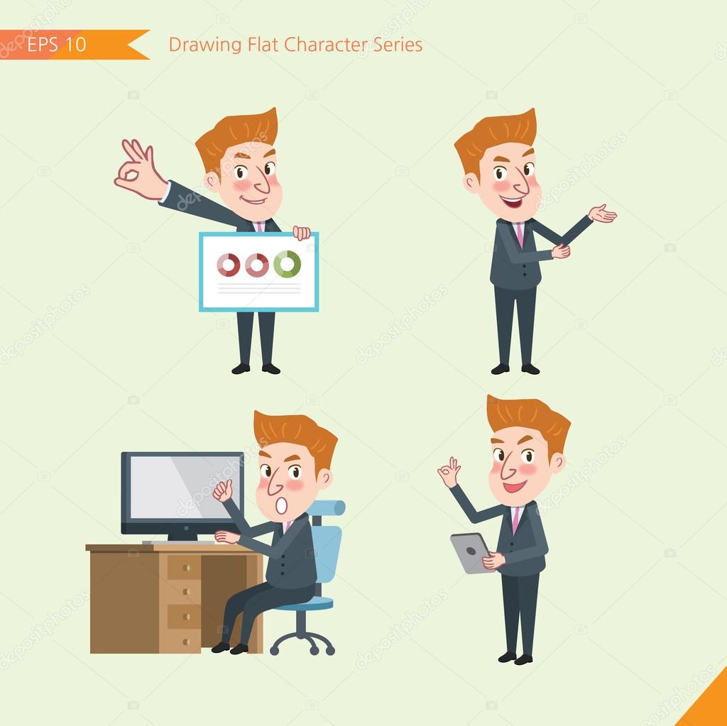Set of drawing flat character style, business concept yong office worker activities - presentation, chart, introducing, counsel