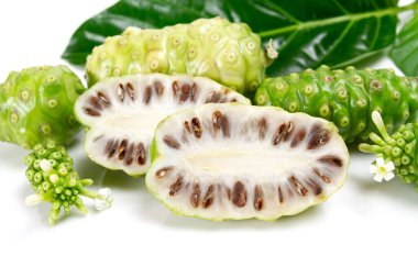 Noni meyvesi ya da Morinda Citrifolia ve yaprağı beyaz arka planda izole edilmiş. 